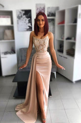 Elegant Strapless Pink Prom Dress with Applique Details and High Slit