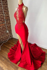 Burgundy Halter Applique Prom Dress with Front Slit - Elegant Gown