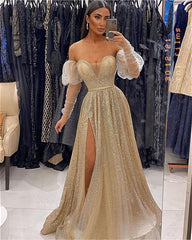 Stunning Champagne Sequin V-Neck Prom Dress with Elegant Long Sleeves and Front Split
