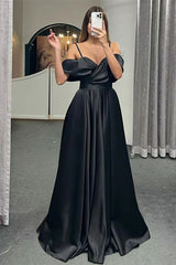 Spaghetti Strap Off-Shoulder A-Line Evening Dress with Lace-Up Back