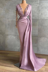Elegant Lavender V-Neck Prom Dress with Long Sleeves, Ruffles, and Applique Mermaid Design