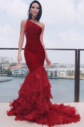 Burgundy One Shoulder Mermaid Prom Dress Elegant Tulle Appliqué Evening Gown