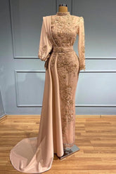 Elegant Gold Appliqued Satin Mermaid Evening Gown with Long Sleeves & Sweep Train