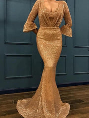 Elegant Sequin Mermaid Prom Dress: V-Neck, 3/4 Sleeves, Ruffles, Sweep Train