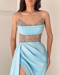Gorgeous Sky Blue Strapless Mermaid Prom Dress with Beading Split