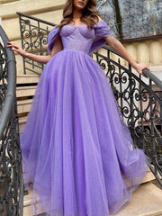 Beautiful Purple Off Shoulder Tulle Long Prom Evening Dress
