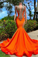 Bright Orange V-Neck Sleeveless Mermaid Prom Dress with Elegant Appliques and Train