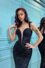 Elegant Black Sequin Mermaid Prom Dress with Spaghetti Straps & Deep V-Neck