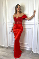 Glamorous Red Jewel Mermaid Prom Dress with Pleats Off-Shoulder Evening Gown