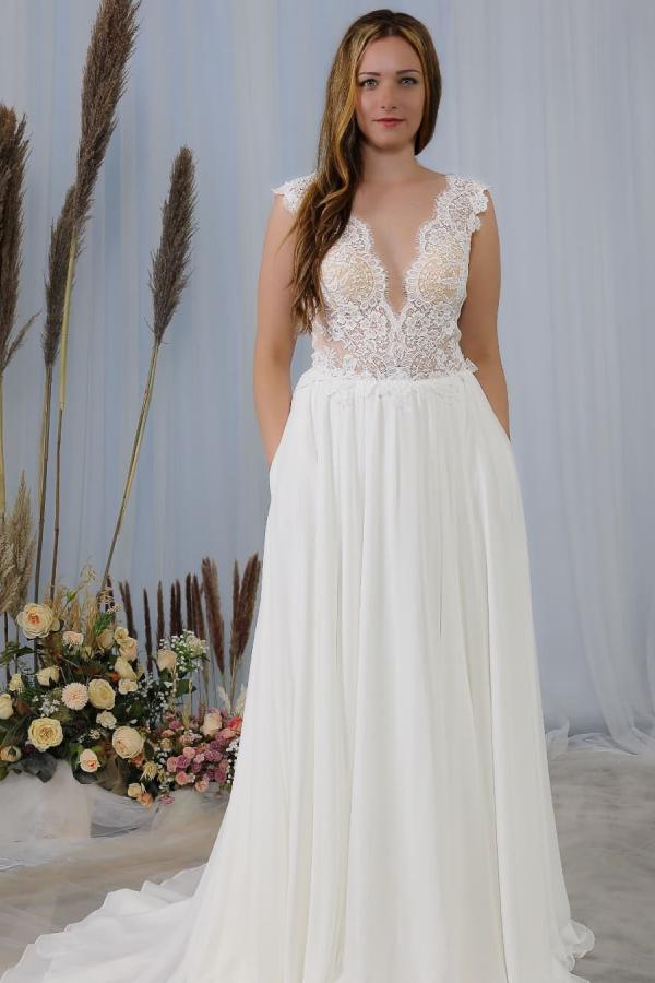 Elegant Deep V-Neck Backless Chiffon Wedding Dress with Lace Appliques
