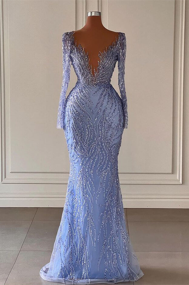 Sparkling V-Neck Long Sleeve Beaded Mermaid Evening Gown for Formal Events