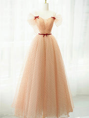 Elegant A-Line Champagne Tulle Long Prom Dress for Formal Occasions