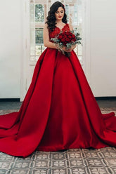 Red Long Ball Gown Princess Satin V-Neck Wedding Dress Lace