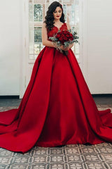 Red Long Ball Gown Princess Satin V-Neck Wedding Dress Lace