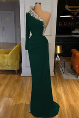 Enchanting Green One-Shoulder Mermaid Gown: Beaded Long Sleeve Prom Dress