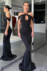 Off-the-Shoulder Black Halter Mermaid Evening Dress Custom Made
