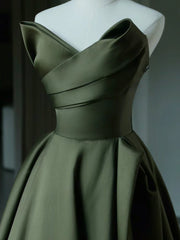 Elegant A-Line V Neck Satin Green Long Prom Dress Evening Gown