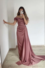 Elegant Mermaid Strapless Off-the-Shoulder Ruffled Prom Dress Long Train Gown