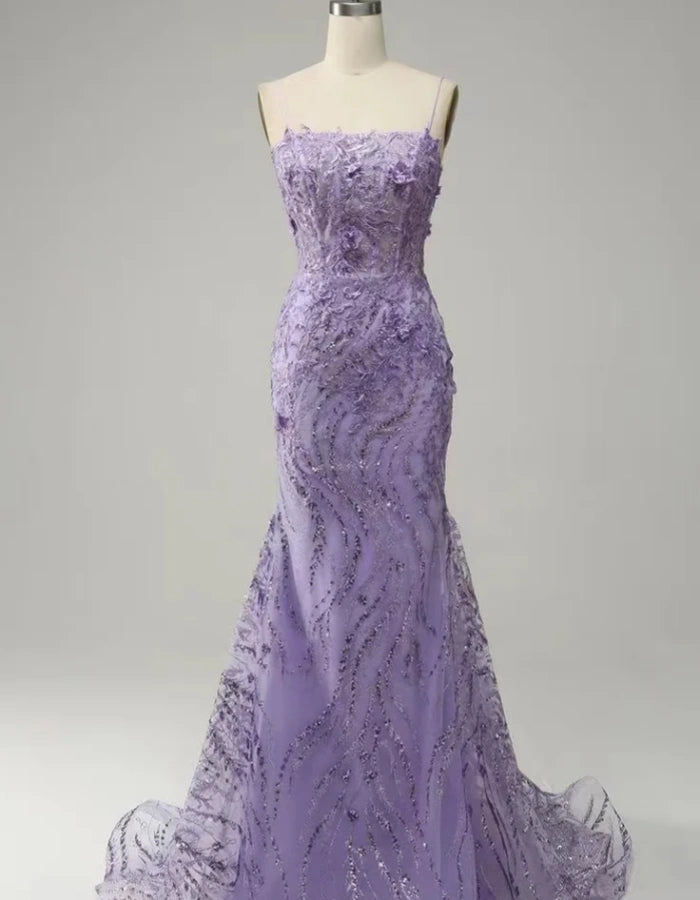 Glamorous Purple Applique Spaghetti Strap Mermaid Prom Dress for Elegant Evenings