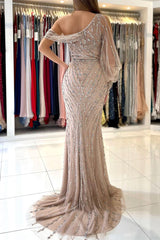 Elegant Long Sleeves Mermaid Prom Dress with Split and Beaded Embellishments