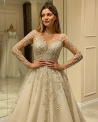Elegant A-Line Wedding Dress with Lace Appliques and Sleeves Long Train
