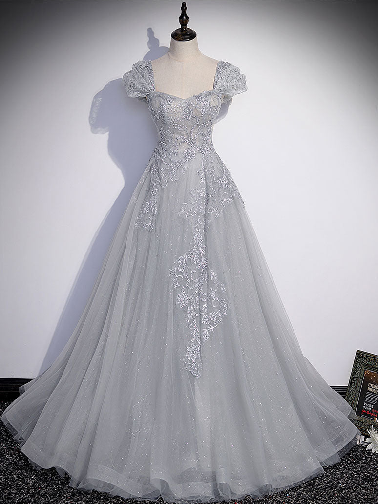 Gray Sweetheart Neck Tulle Lace Long Prom Evening Dress