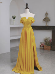 Elegant Yellow Off-Shoulder Chiffon Floor-Length A-Line Prom Dress with Lace-Up Back