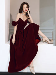 Elegant Burgundy Velvet Tea-Length A-Line Evening Prom Dress