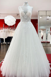 Eye-Catching White Ruffles Tulle Lace Long A-Line Wedding Dress for Bride
