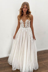 Sheer A-Line Wedding Dress with Tulle Appliqués Floor Length Bridal Gown
