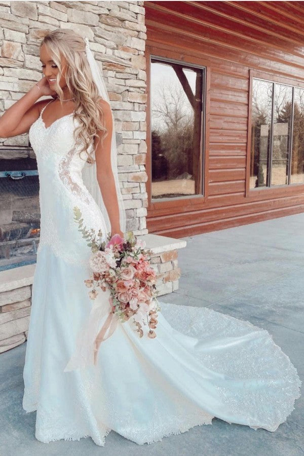 Elegant White V-Neck Mermaid Wedding Dress with Lace Appliques & Spaghetti Straps