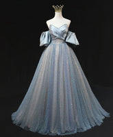 Blue A Line Tulle Long Prom Evening Dress Beading