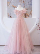 Elegant Pink A-Line Tulle Lace Long Prom Dress for Graduation