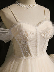 Light Champagne Tulle Short Prom Dress, Puffy Tulle Lace Homecoming Gown