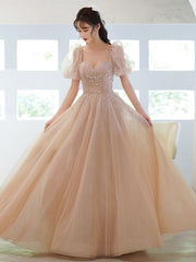Champagne Tulle Beads Long Prom Evening Dress For Women