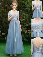 Elegant Blue Lace A-Line Floor-Length Prom Dress with Built-In Bra