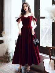 Elegant Burgundy Velvet Tea-Length A-Line Evening Prom Dress