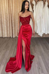 Elegant Red Strapless Sequin Mermaid Prom Dress with Thigh-High Split Design