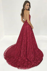 Elegant Burgundy Lace V-Neck Prom Dress with Slit - Perfect for Special Occasions