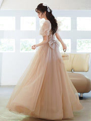 Champagne Tulle Beads Long Prom Evening Dress For Women