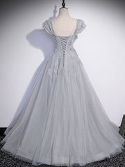 Gray Sweetheart Neck Tulle Lace Long Prom Evening Dress