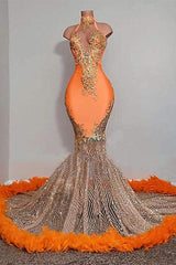 Opulent Halter Gold Appliques Mermaid Prom Dress with Glitter and Feathers