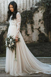 Elegant A-Line Lace Long Sleeve Wedding Dress with Sweep Train and Scoop Neck