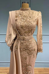 Elegant Gold Appliqued Satin Mermaid Evening Gown with Long Sleeves & Sweep Train