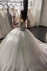 Shimmery Crystal Long Sleeve Ball Gown Wedding Dress with Beading Accents