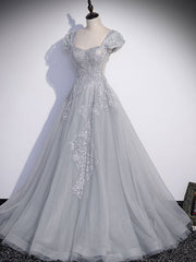 Gray Sweetheart Neck Tulle Lace Long Prom Evening Dress