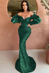 Elegant Off-Shoulder Mermaid Sweetheart Sequin Evening Dress with Long Sleeves