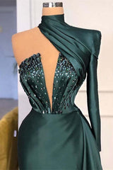 Elegant Dark Green One-Shoulder Sequin Prom Dress with Unique Back Slit Design