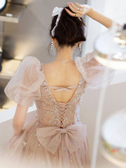 Champagne Tulle Beads Long Prom Evening Dress For Women
