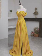 Elegant Yellow Off-Shoulder Chiffon Floor-Length A-Line Prom Dress with Lace-Up Back